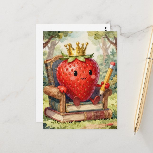 Cartão Postal Cute Strawberry Royalty on a Book Throne (Frente/Verso In Situ)