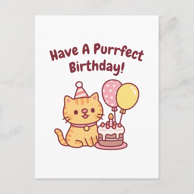 Cartão Postal Cute Tabby Cat With Cake Purrfect Birthday Funny (Frente)