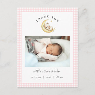 Cartão Postal Cute Teddy Bear Gingham Girl Birth Announcement