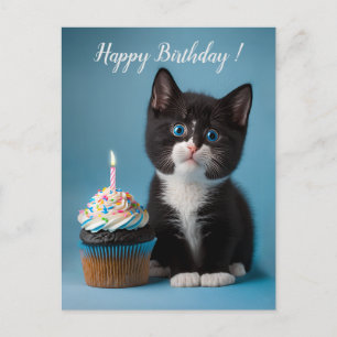 Cartão Postal Cute Tuxedo Kitten Tem Um Cupcake De Aniversário P