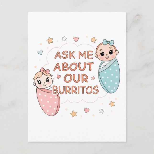 Cartão Postal Cute Twin Baby Burrito Announcement Illustration (Frente)