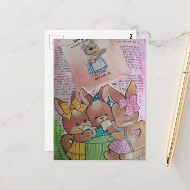 Cartão Postal Cute Vintage Bunnies and Mouse Collage (Frente/Verso In Situ)