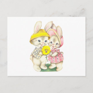 Cartão Postal Cute Vintage Bunnies with Pansy Flower
