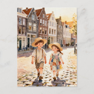 Cartão Postal Cute Vintage Patchwork Children Dutch Folk Art