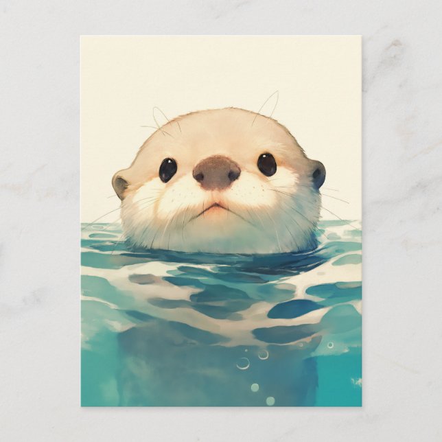 Cartão Postal Cute Watercolor Otter Peeking Water (Frente)