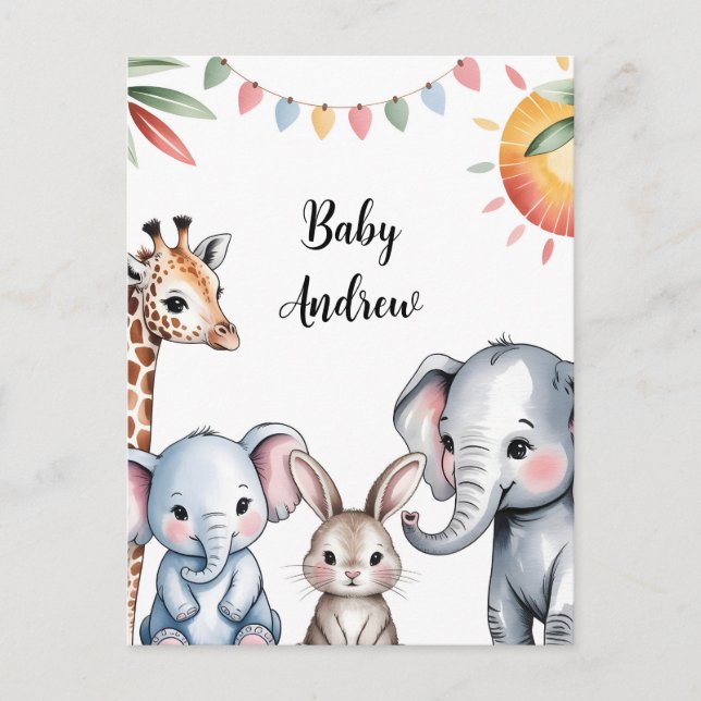 Cartão Postal Cute Watercolor Safari Animals Illustration (Frente)