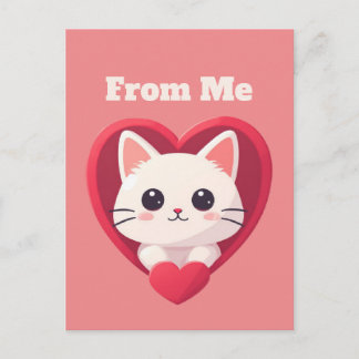 Cartão Postal Cute White Cat with Heart Kawaii Kitty Love Design