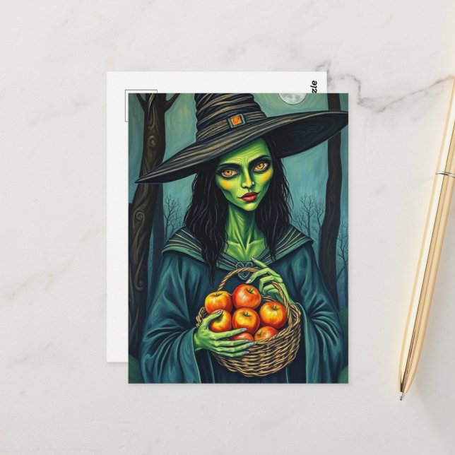 Cartão Postal Cute Witch With Apples (Frente/Verso In Situ)