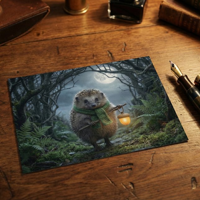Cartão Postal Cute Woodland Hedgehog Lantern | Thinking of You (A postcard featuring a hedgehog holding a lantern on a moonlight walk. Woodlandcore forest pen pal)