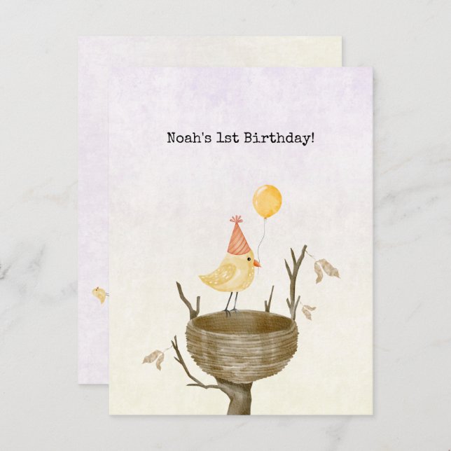 Cartão Postal Cute Yellow Baby Bird With Balloon Invitation Brie (Frente/Verso)