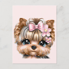 Cartão Postal Cute Yorkie Com um Laço Rosa