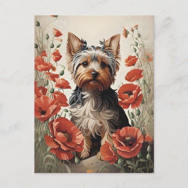 Cartão Postal Cute Yorkshire Terrier Botanical Red Poppies (Frente)