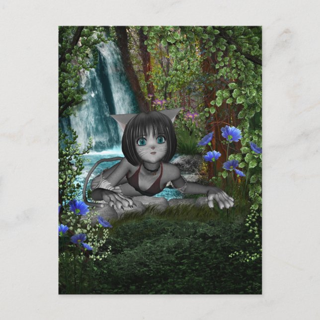 Cartão Postal Cutie Anime Kitten Waterfall 1 (Frente)