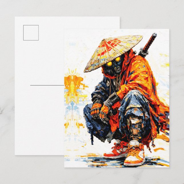 Cartão Postal Cyber Samurai Palette Knife Neon Orange Impasto (Frente/Verso)