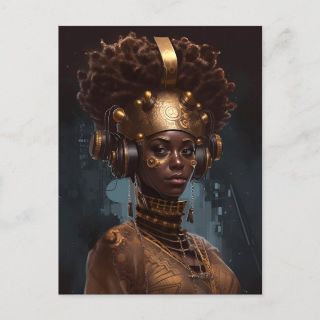 Cartão Postal Cyberpunk Black Woman Science Fiction (Frente)