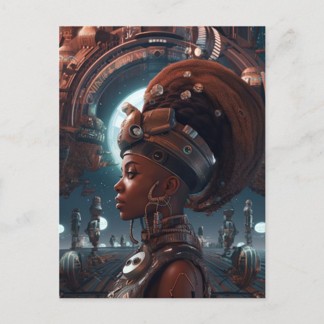 Cartão Postal Cyberpunk Black Woman Science Fiction (Frente)