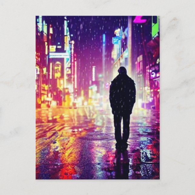 Cartão Postal Cyberpunk solitário No Cartão-Postal Da Chuva (Frente)