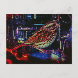 Cartão Postal Cyberpunk Sparrow em Neon Cityscape