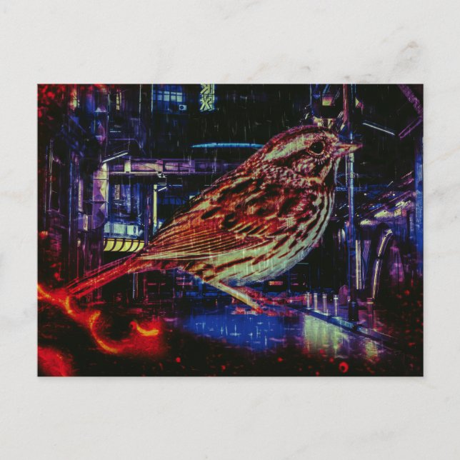 Cartão Postal Cyberpunk Sparrow em Neon Cityscape (Frente)
