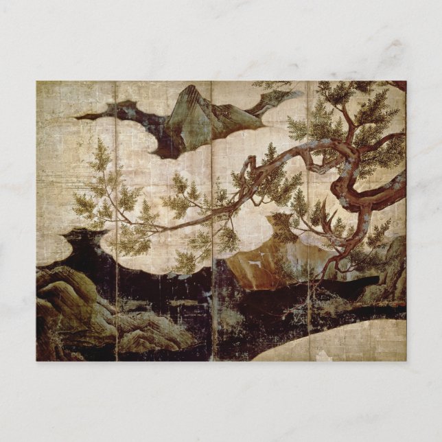 Cartão Postal Cypress de Kano Eitoku, período Muromanchi (Frente)