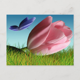 Cartão Postal da Borboleta Roxa Tulipa Rosa da Pri