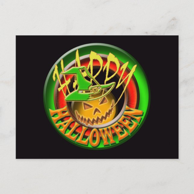 Cartão postal da bruxa-abóbora Feliz de Halloween  (Frente)