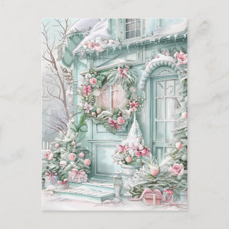 Cartão postal da casa de Natal verde-menta e rosa