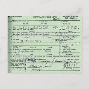 Cartão postal da certidão de nascimento de Obama