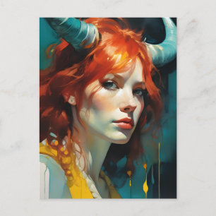 Cartão Postal da Deusa Hornada de Cabelo Vermelho