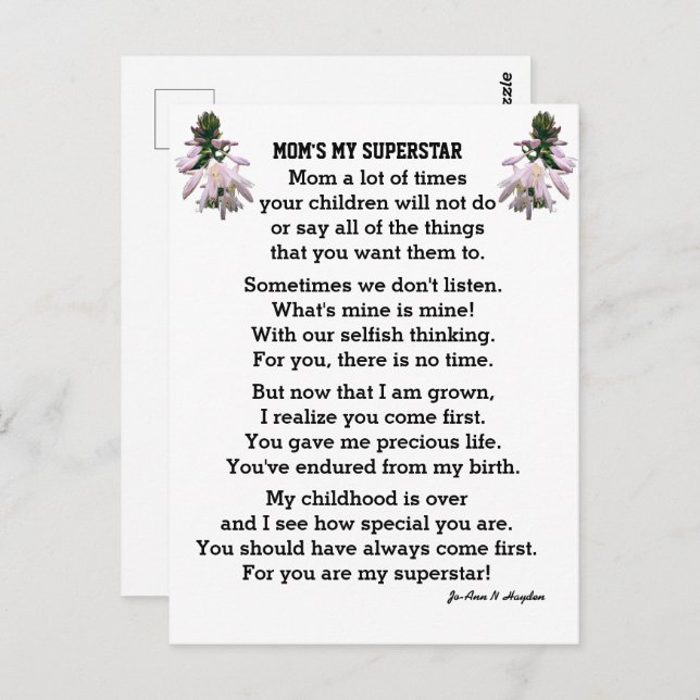 CARTÃO POSTAL DA mãe MY SUPERSTAR (Frente/Verso)