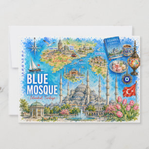 Cartão Postal da Mesquita Azul Ilustrada de Istamb