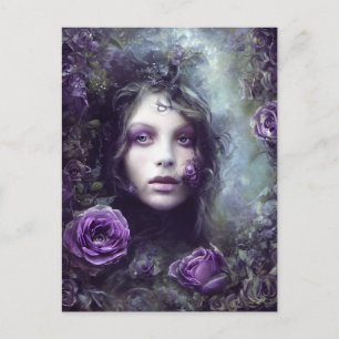 Cartão postal da Mulher e Rosas Roxas