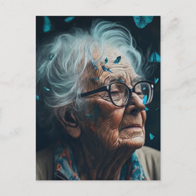 Cartão postal da mulher idosa com borboletas azuis (Frente)