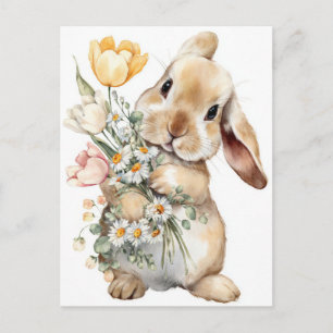 Cartão Postal da Páscoa com Flores e Coelho da Pás