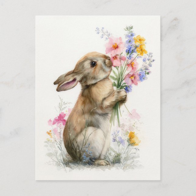 Cartão postal da Páscoa com flores e coelho da Pás (Frente)