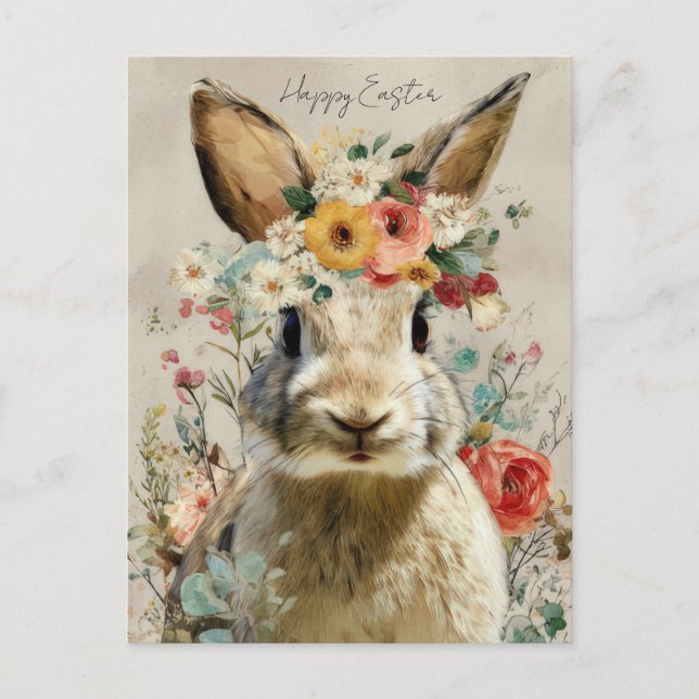 Cartão postal da Páscoa com flores e coelho da Pás (Frente)