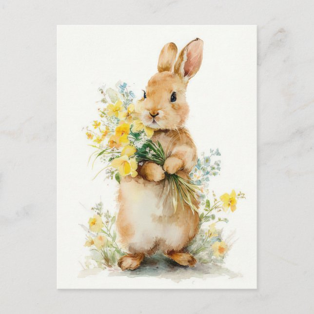 Cartão postal da Páscoa com flores e coelho da Pás (Frente)