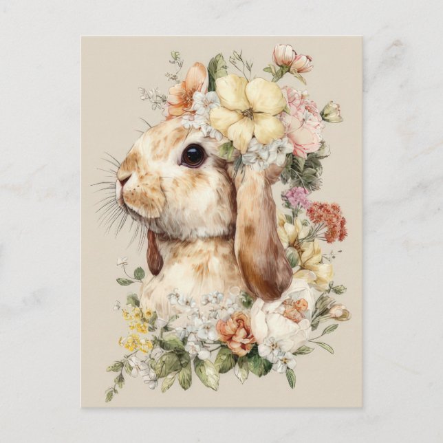 Cartão postal da Páscoa com flores e coelho da Pás (Frente)