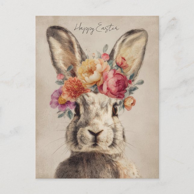 Cartão postal da Páscoa com flores e coelho da Pás (Frente)