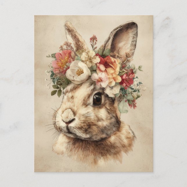 Cartão postal da Páscoa com flores e coelho da Pás (Frente)