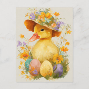 Cartão postal da Páscoa com Flores e Patinho da Pá