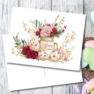 Cartão postal da Páscoa com ovos da Páscoa e flore