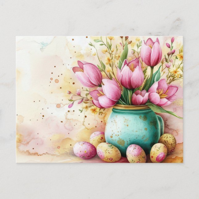 Cartão postal da Páscoa com ovos e flores da Pásco (Frente)