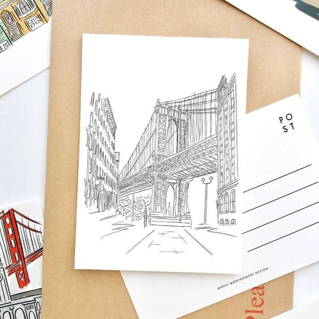 Cartão postal da ponte Nova Iorque Manhattan (Black and white sketch New York Brooklyn Bridge travel postcard.)