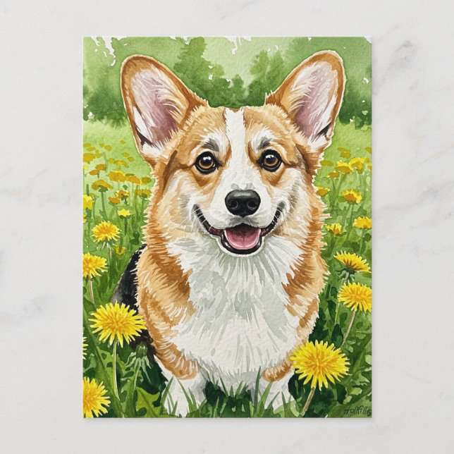 Cartão postal da primavera com dandelions e Corgi  (Frente)
