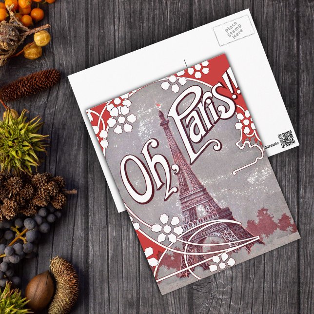 Cartão Postal da Torre Eiffel de Paris (Eiffel Tower Illustration white daisies Oh Paris text on grey and red postcard.)