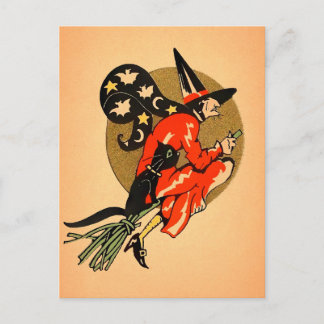 Cartão postal da vassoura de bruxa do Halloween re