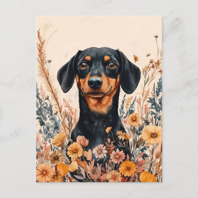 Cartão Postal Dachshund Bonito com Pintura de Flores Selvagens (Frente)