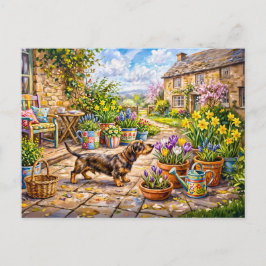 Cartão Postal Dachshund Caminhando por um Pátio Colorido de Flor