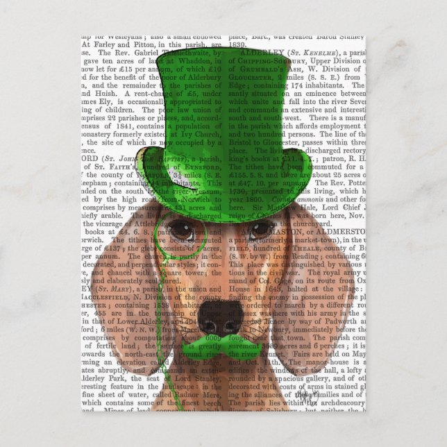 Cartão Postal Dachshund com chapéu verde e bigode (Frente)